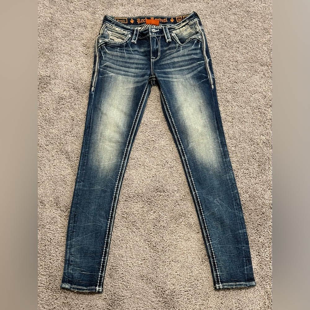 Rock Revival Rosalie Mid Rise Skinny Jeans Embellished Rhinestone Womens Size 26